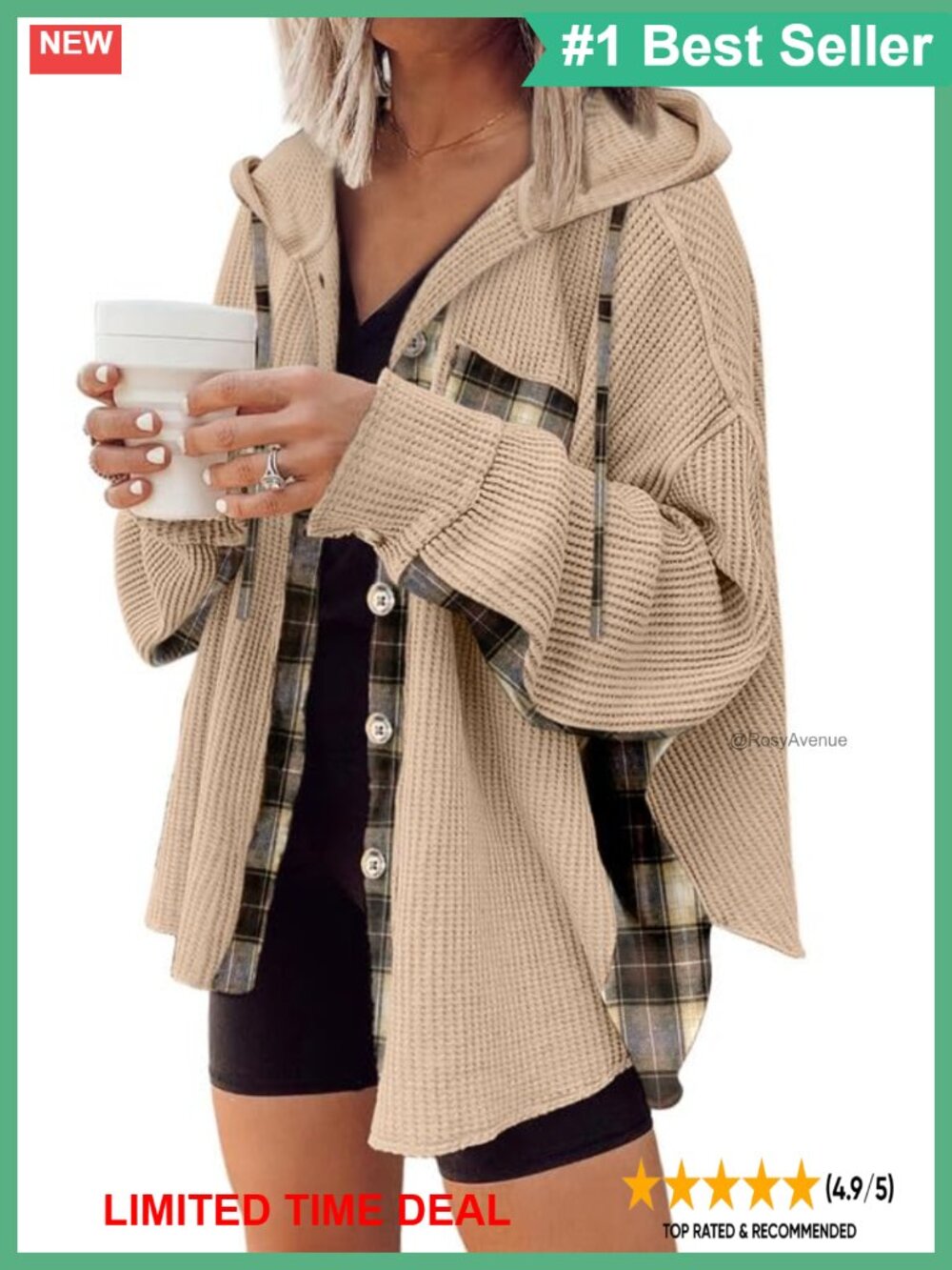 SHEWIN Waffle Knit Plaid Shacket Button Down Hooded Jacket